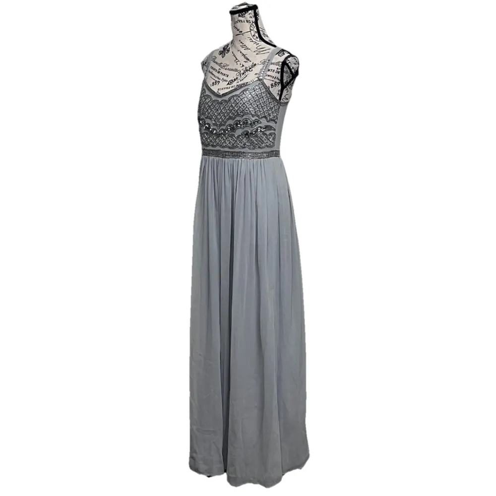 Adrianna Papell Beaded Silver Maxi Formal Dress 4 Evening Gown Prom Wedding Gala - Image 3