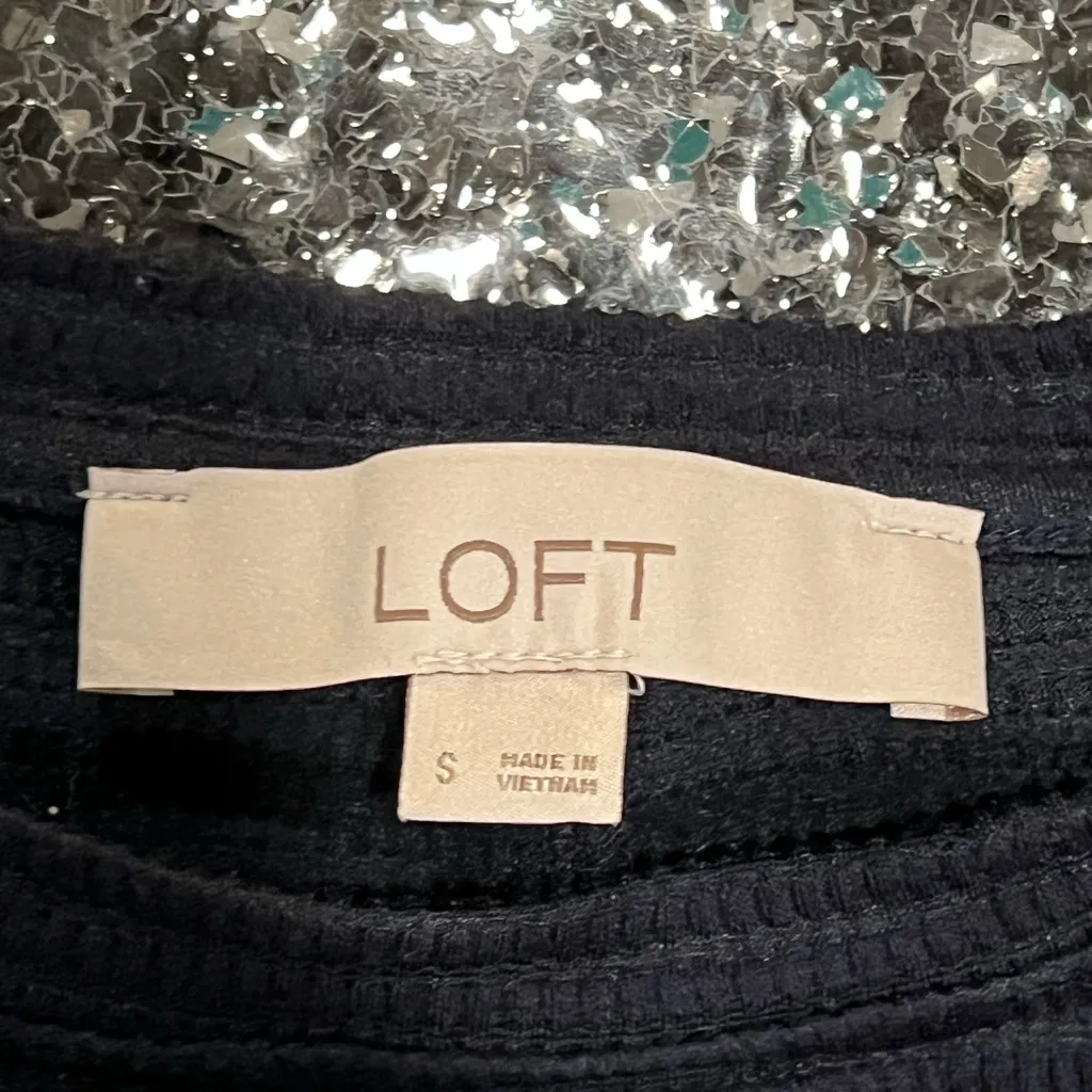 LOFT Navy Blue Small Textured Knit Dress W/ Flounce Hem & Cap Sleeves - Image 3