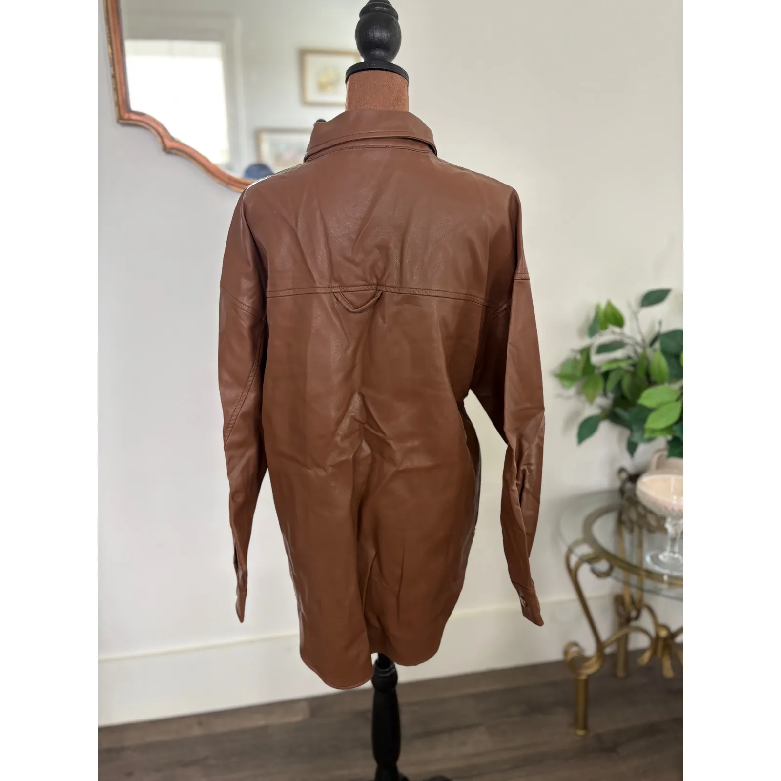 En;semble Faux Leather Shirt Jacket Button Down Oversized‎ Brown Shacket Medium - Image 3