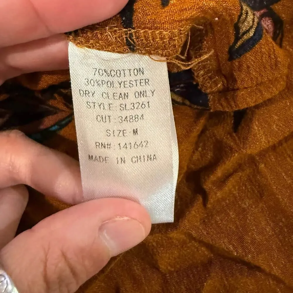 She + Sky Floral Tassle V-Neck Peasant Blouse Women’s Medium Mustard Yellow Boho - Image 6