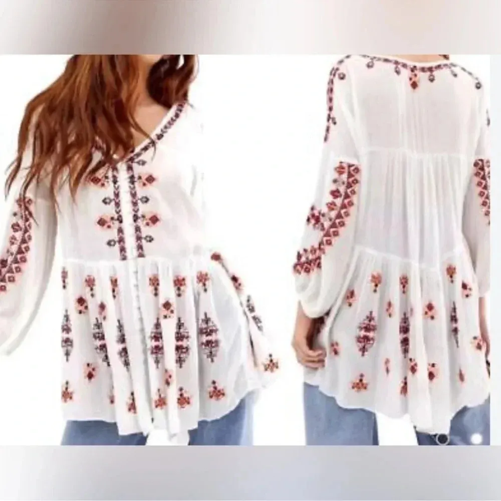 Free People Ariana White and Red embroidered tunic top size X Small - Image 2