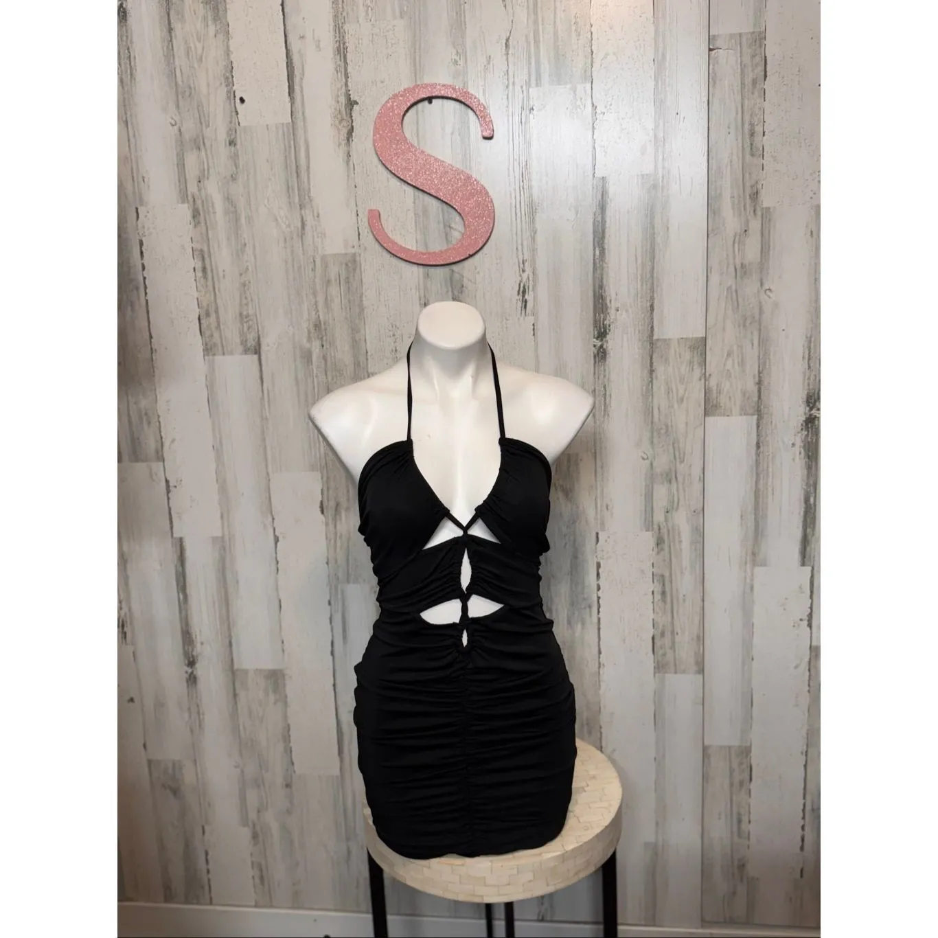 Black Cutout Ruched Halter Bodycon Mini Dress – Size Small - Image 4