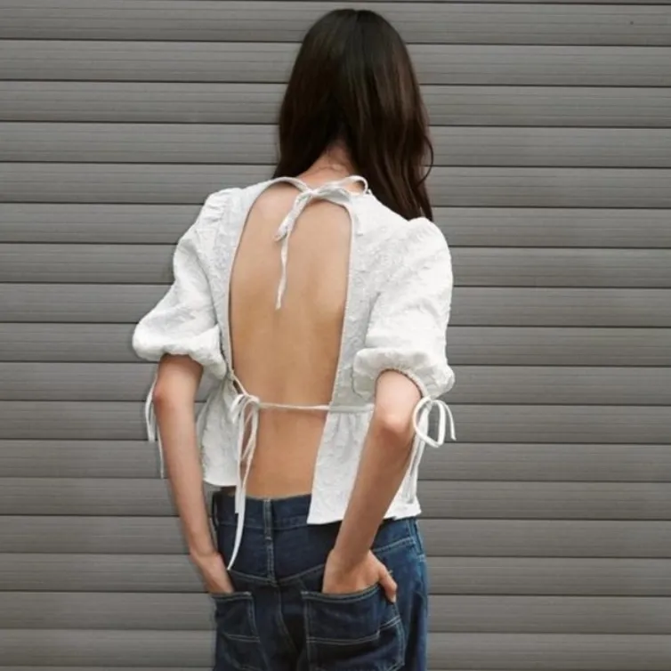 NWT ZARA OPEN BACK JACQUARD BALOON SLEEVE TOP - Image 3