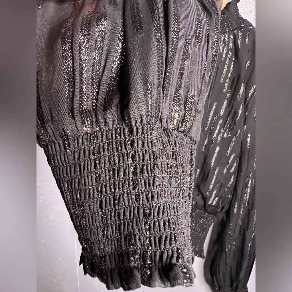 Elan Black Shimmer Stripe Mock Neck Smocked Long Sleeve Blouse.  Size Large NWT - Image 6