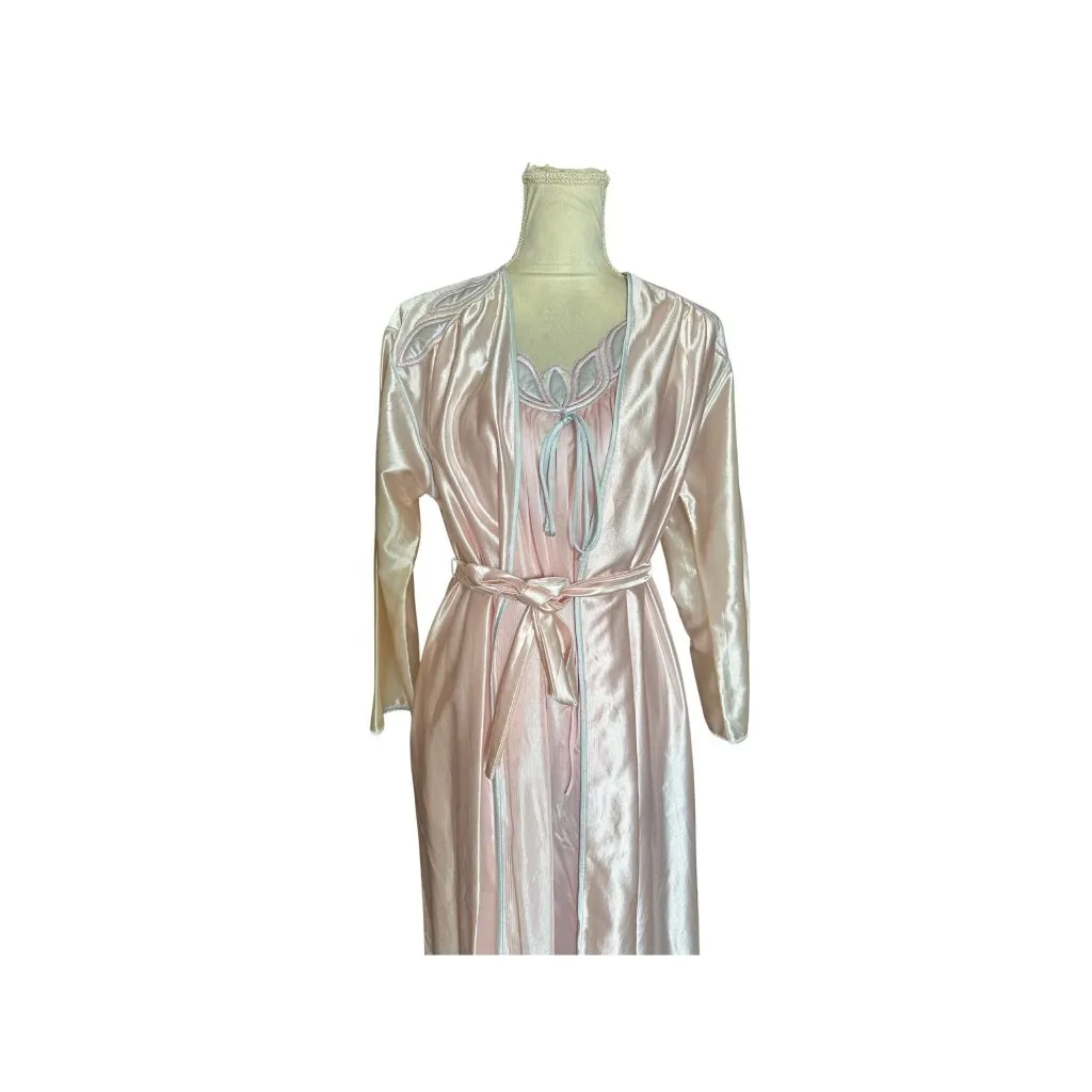 Vintage Lorraine Peignoir Set | Blush Pink Satin Nightgown & Robe | 1980s Embroi - Image 2
