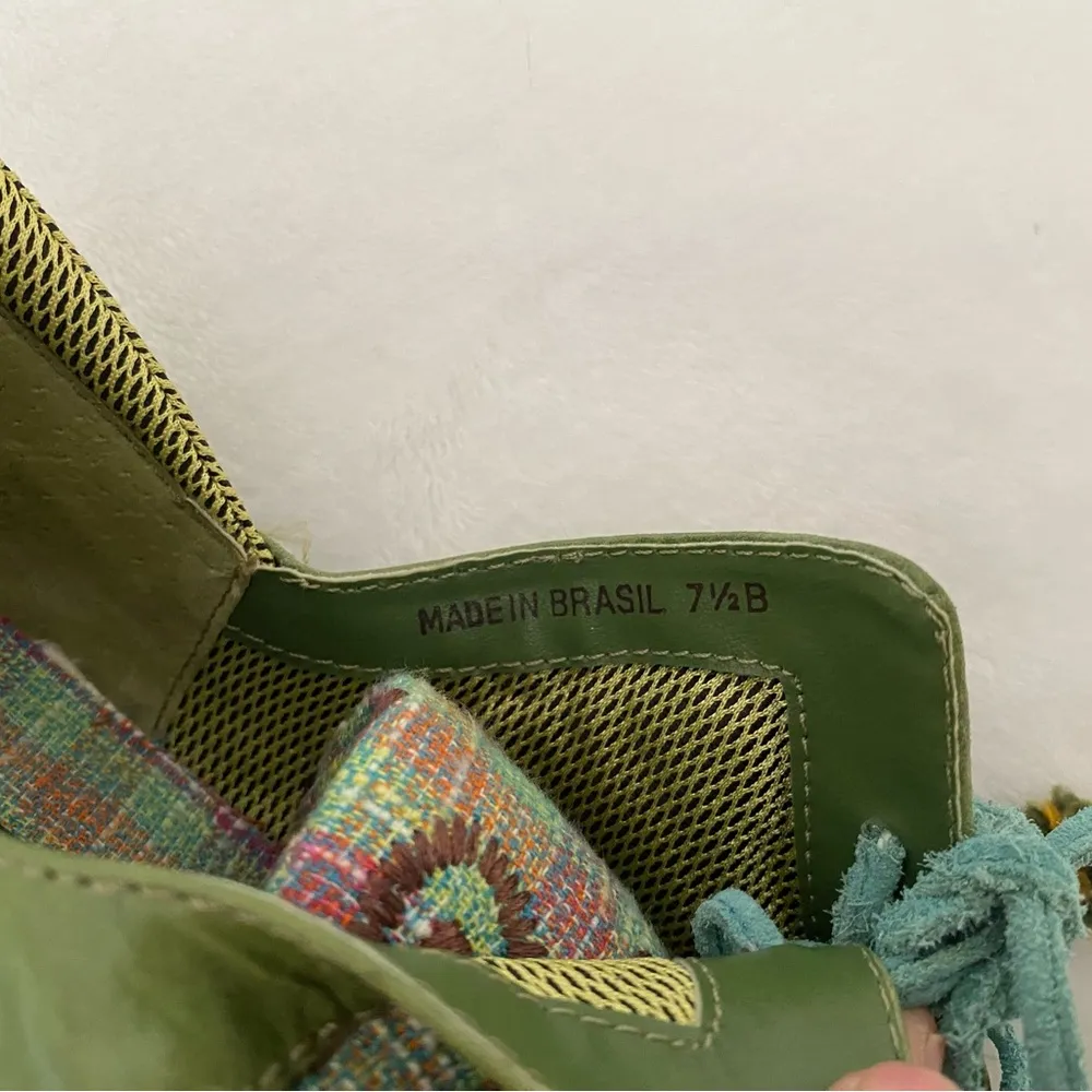 M by Morenatom Green Leather VintageY2K Patchwork Pom Pom Wedge LaceUp Shoes 7.5 - Image 9