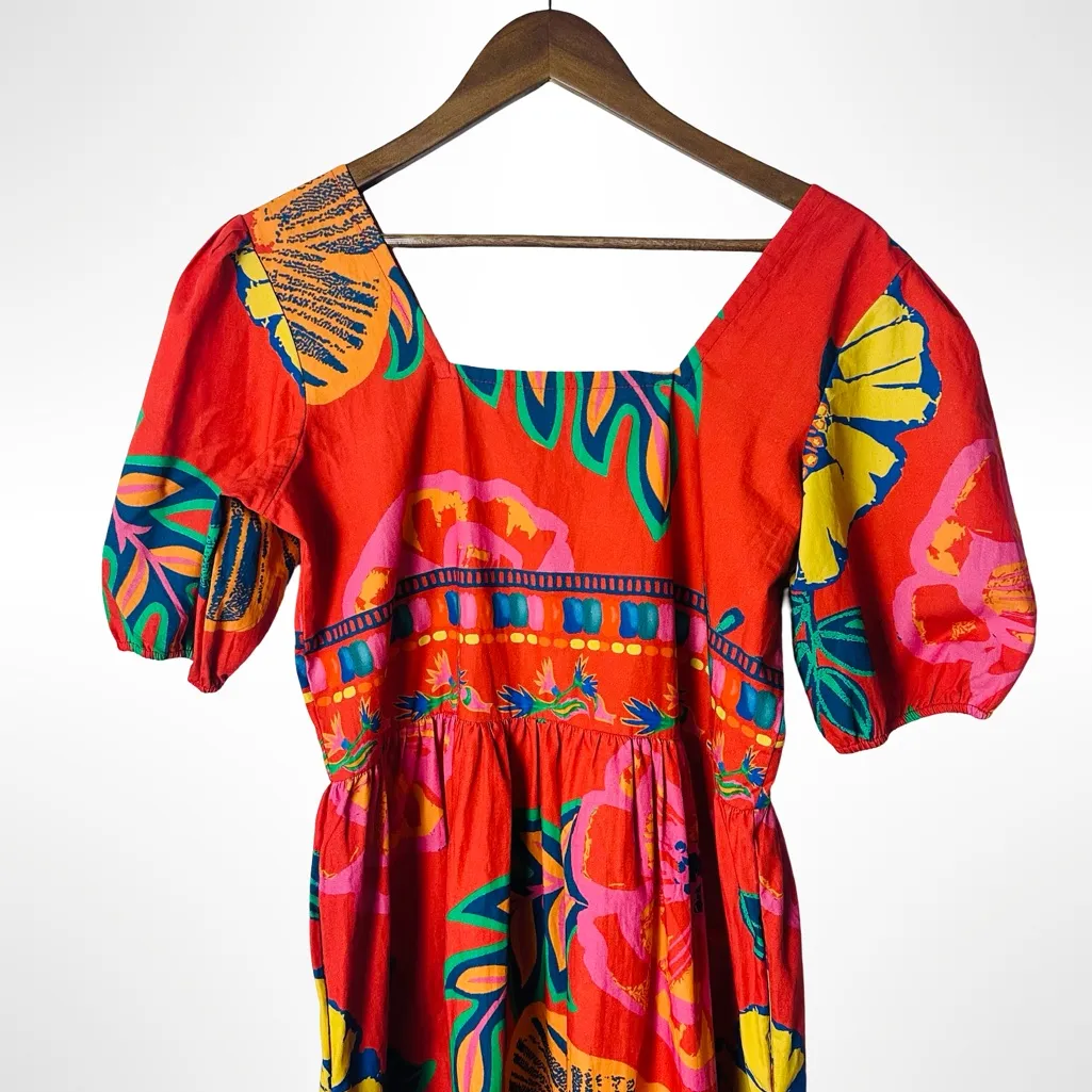 Maude Vivante Aria Dress Medium Red Floral Puff Sleeves Colorful Vacation Resort - Image 3