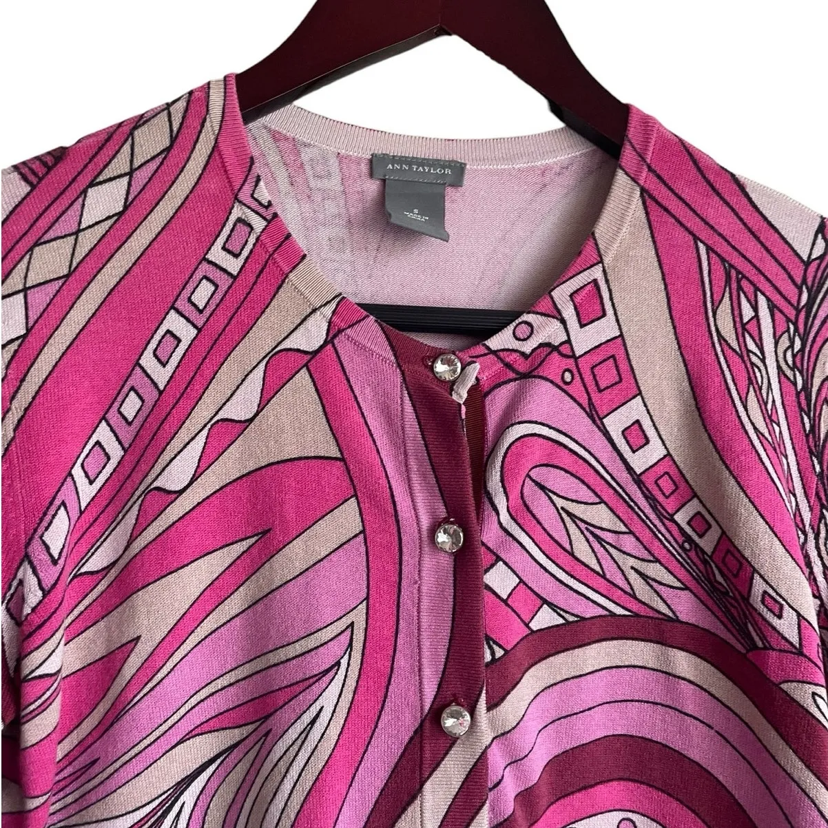 Ann Taylor Women Cardigan Top S Pink Silk‎ Blend Rhinestone Buttons Vibrant Knit - Image 8