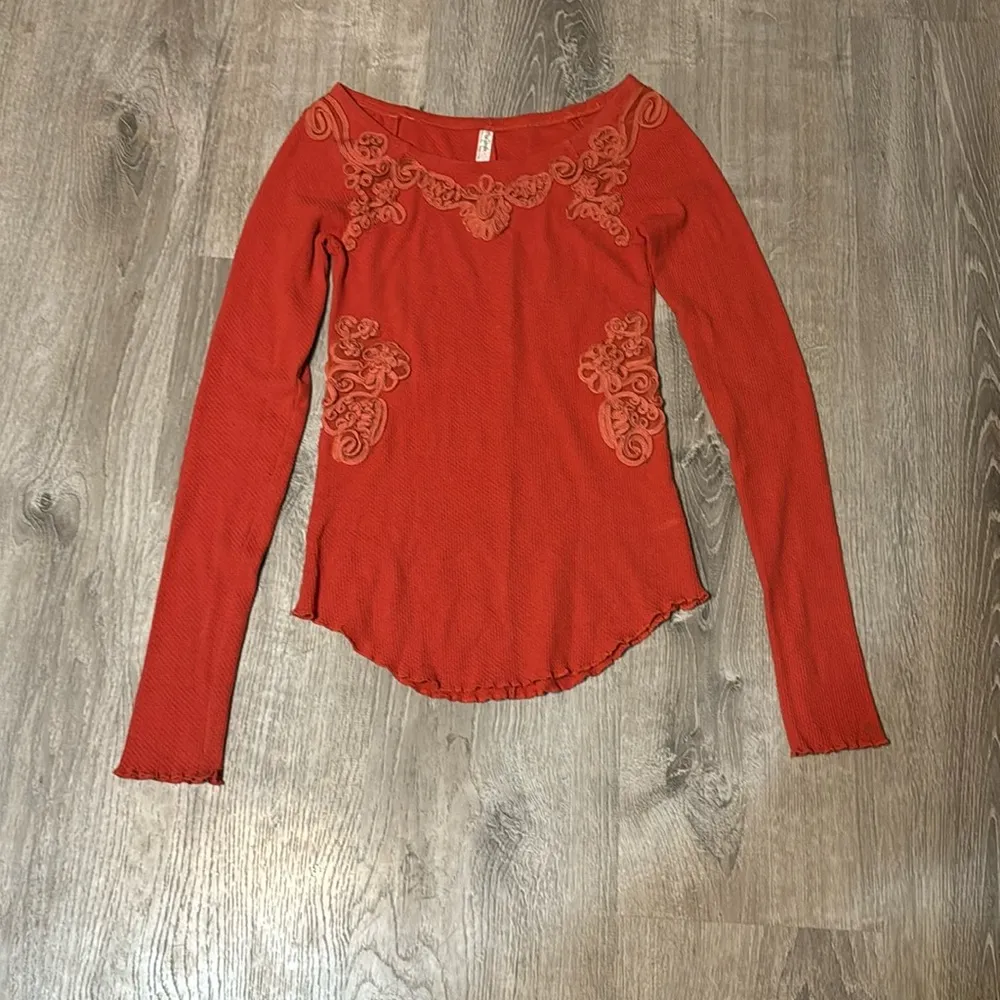 Free People X Soutache Orange Waffle Thermal Top Ribbon Embellished S - Image 2