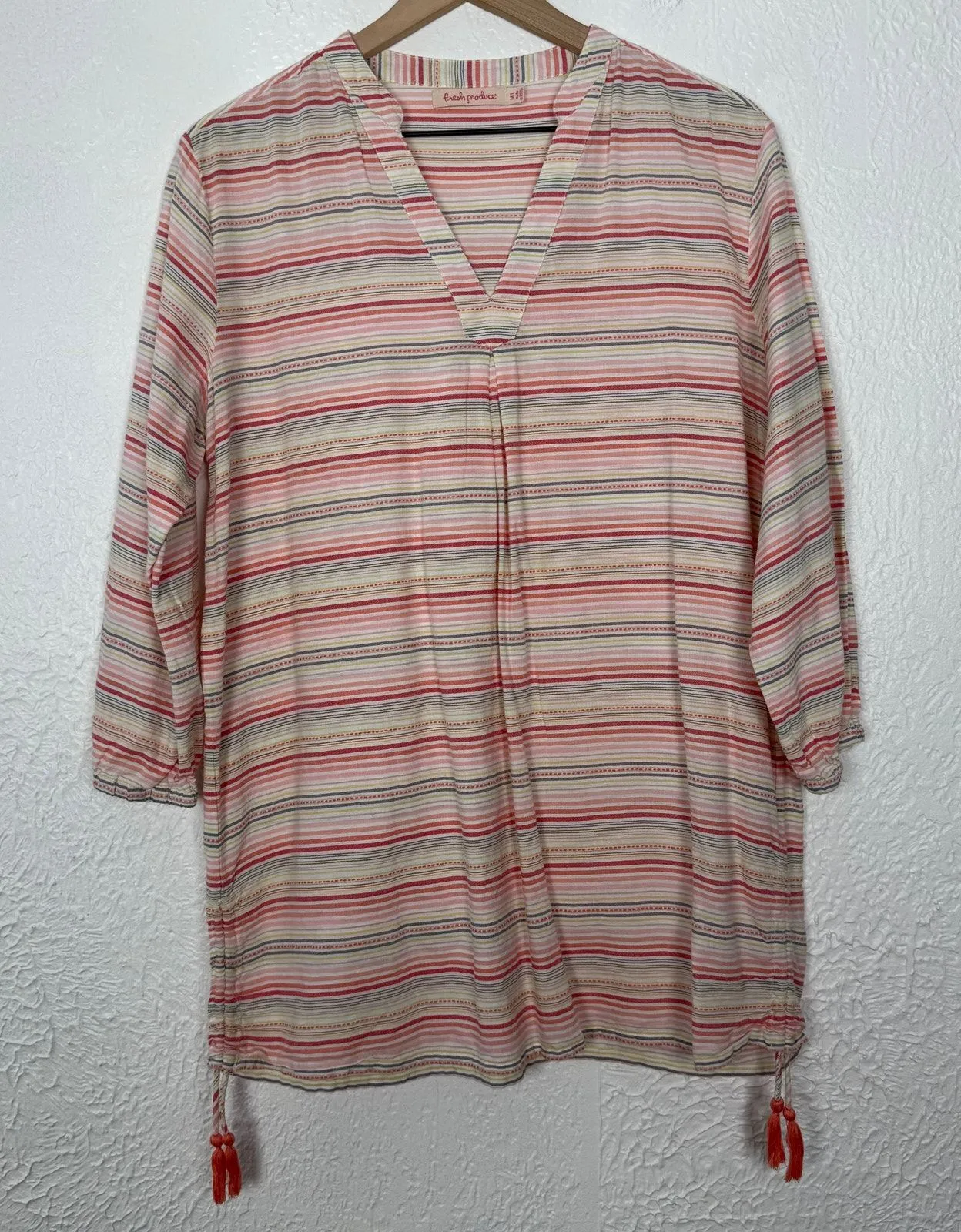 Fresh Produce Eva Tassel Tunic Top V-Neck Cotton Bright Coral Stripe Size M/L - Image 1