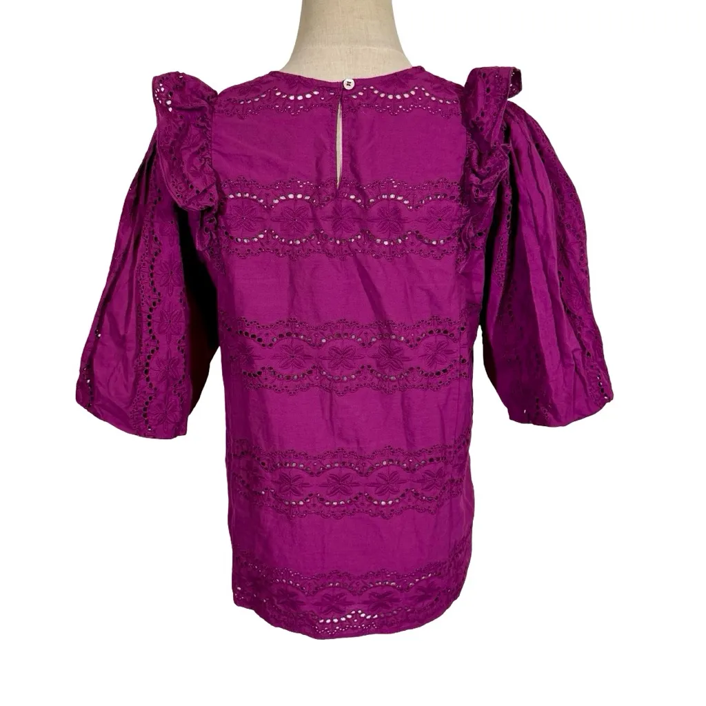 Sezane Elsa Blouse Eyelet Embroidered Ruffled Openwork in Purple Violet sz36/US4 - Image 8