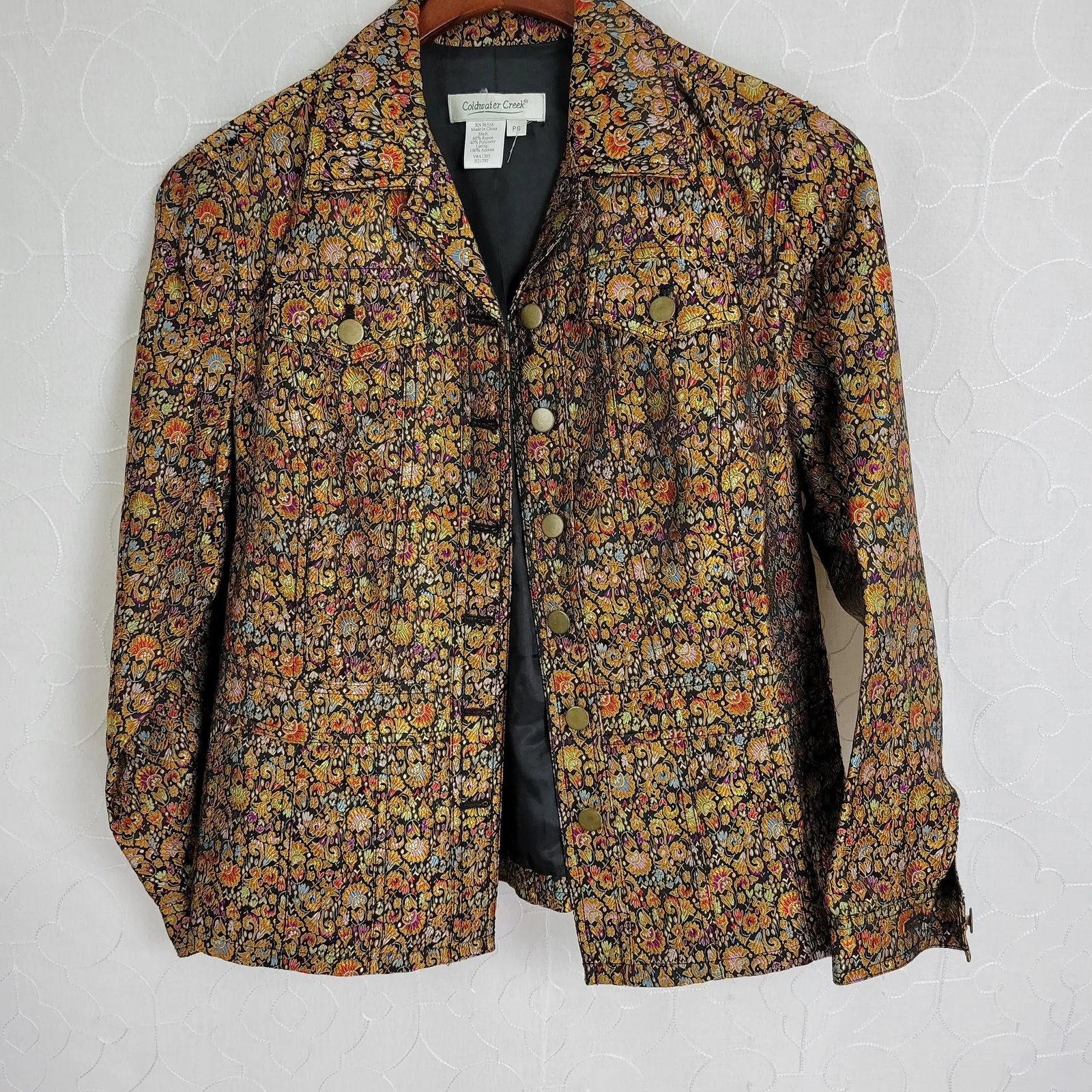 Coldwater Creek Floral Tapestry Jacket Small Petite Orange Black Embroidered - Image 8