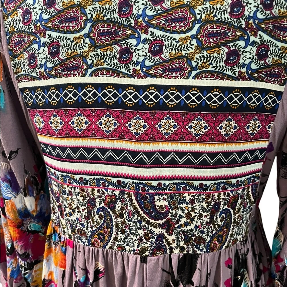 Umgee Floral Paisley Bohemian Balloon 3/4 Sleeve Mini Purple Dress Small - Image 6