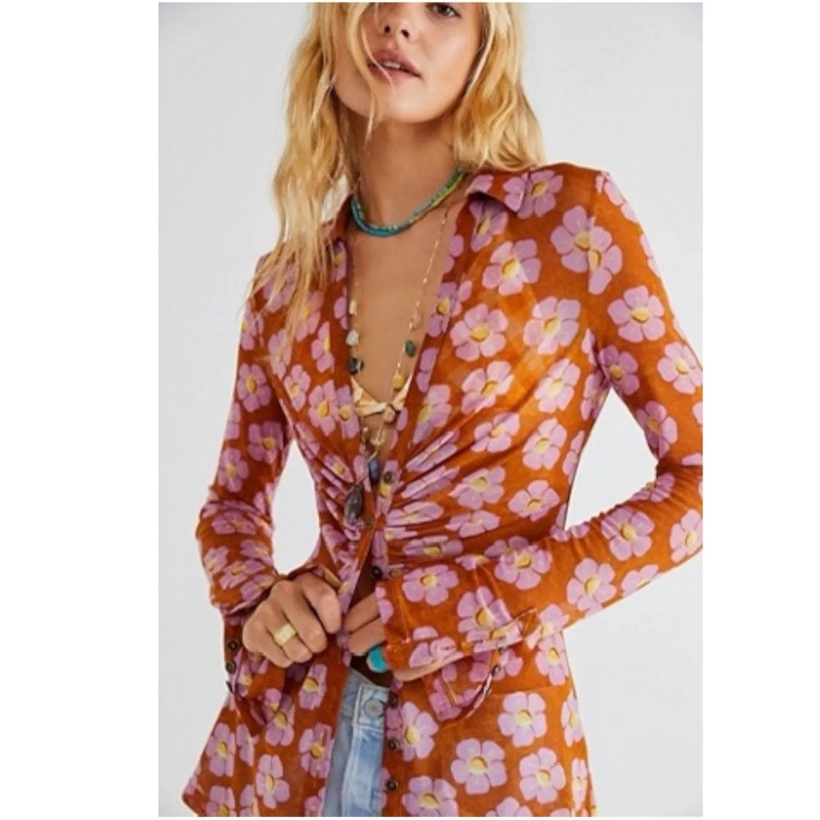 Free People Lucky Shirtee Floral Button Up Shirt Coffee Sheer Mesh 70s XS NWT - Image 14