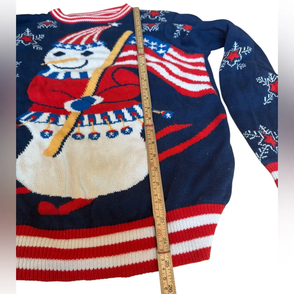 Ugly Christmas Sweater Snowman USA Patriotic Flag Knit Pullover Medium in GUC Blue - Image 10