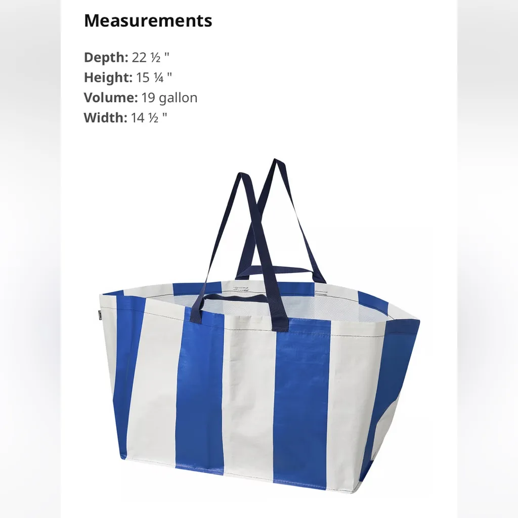 NWT IKEA SÄCKKÄRRA Large Blue/White Striped Shopping Bag 14½ x 22½ x 15¼" 19 gal Blue - Image 6