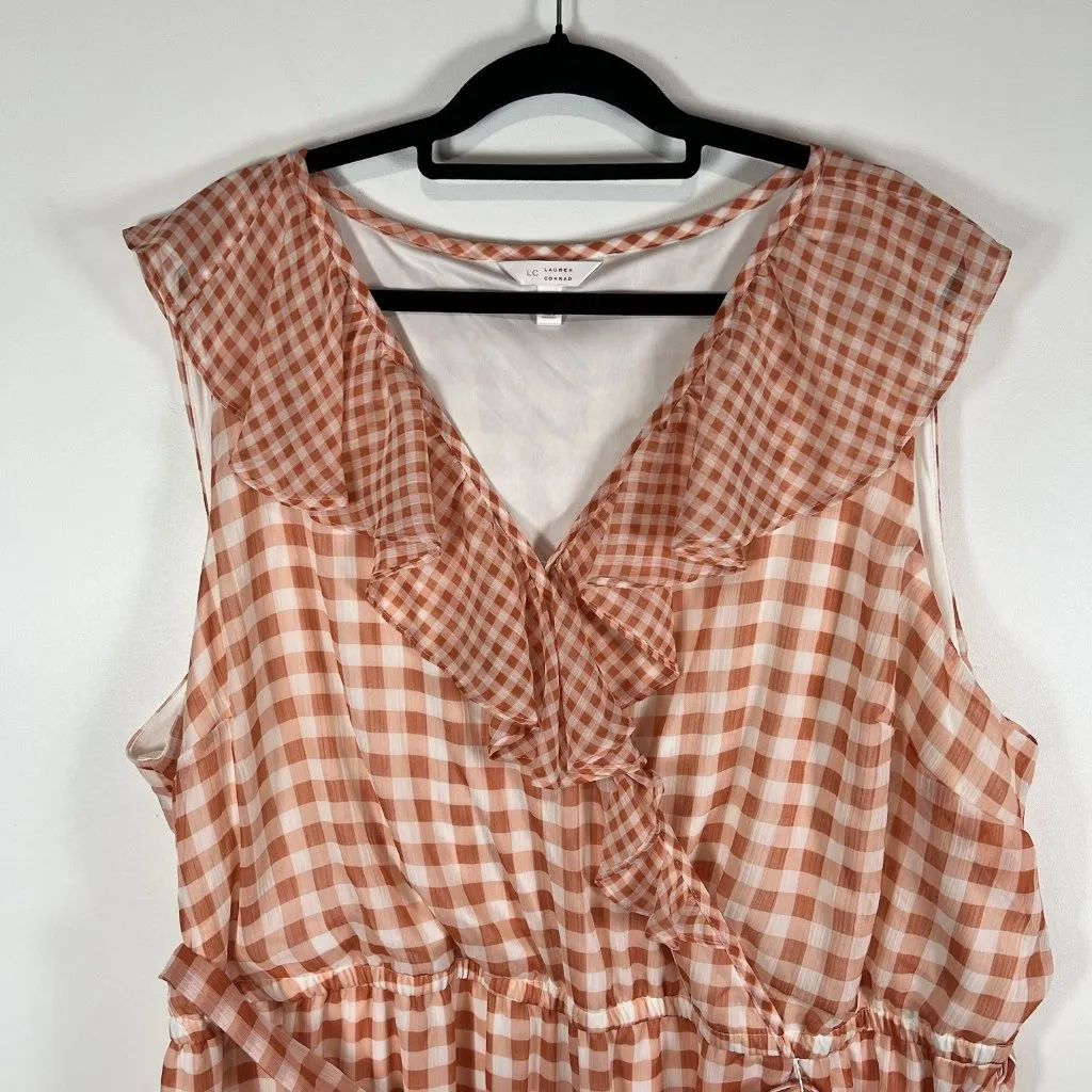 LC Lauren Conrad Fit&flare Dress‎ Orange White Gingham Checkered Ruffle Plus 4X - Image 3