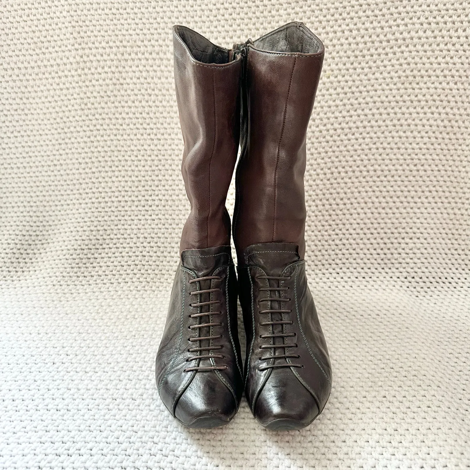 Think! Brown Leather Faux Lace Up Victorian Western Mid Calf Zip Up Boots 37.5 Size 6.5 - Image 4