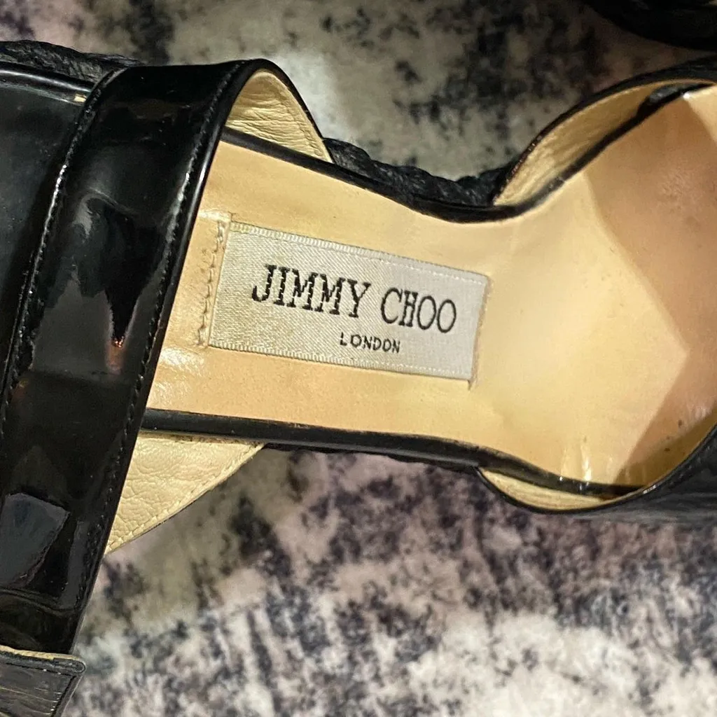 Jimmy Choo Black Patent Espadrille Wedge Sandals Size EU 37 WUS 6.5 - Image 5