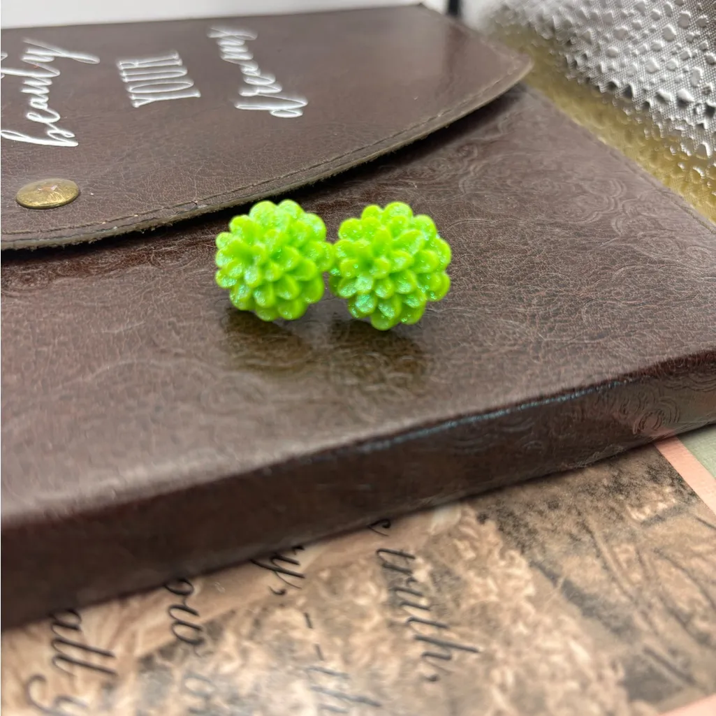 Green Mini Mum Flower Stud Earrings | New Floral Jewelry | Glitter Studs - Image 2