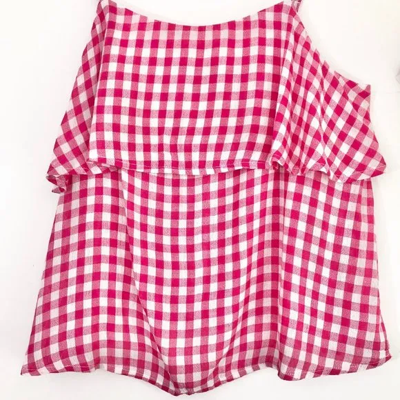 New  Gingham Tiered Camisole Layered Ruffle Tank Top Pink White - Image 4