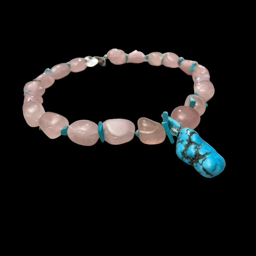 Sterling Silver Rose Quartz and Arizona Turquoise on a 8.5" ( 22cm) strand. Pink - Image 4