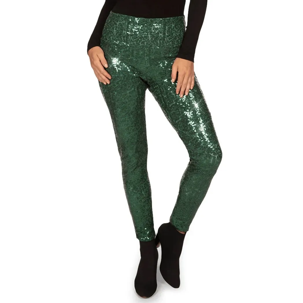 NWOT Tipsy Elves Green Sequin High Waisted Leggings Womens Size M Super Stretch - Image 3