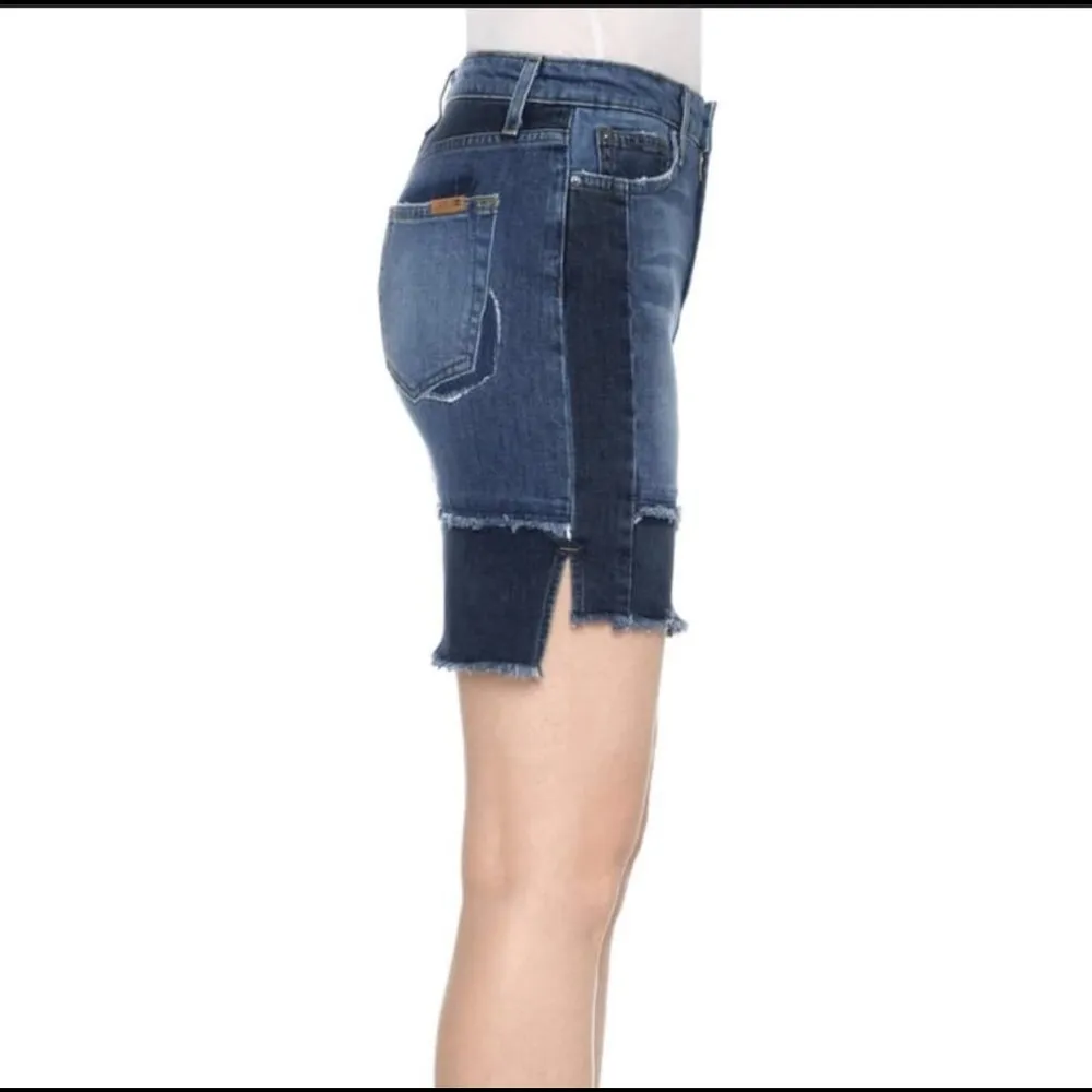 Joes Jeans Patchwork Pencil Denim Jean Skirt Fringe Hi Lo Hem - Image 3