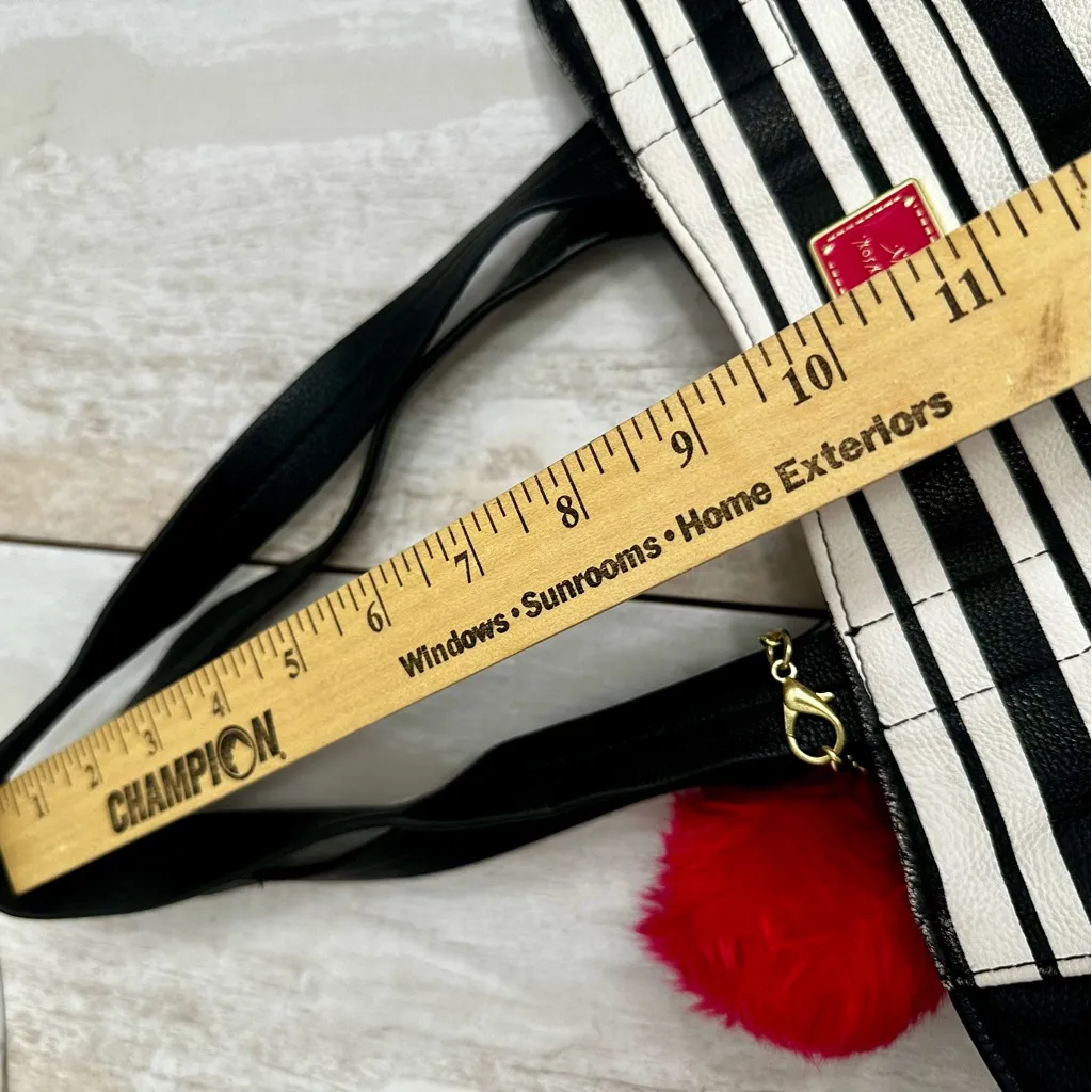 Betsey Johnson Black and White Striped Tote Bag Hot Pink Pom Y2K Travel Classic - Image 15