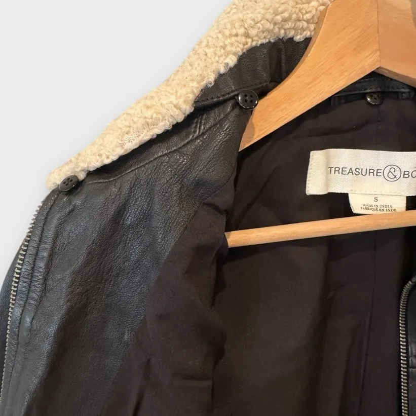 Treasure & Bond Leather Bomber Jacket with Removable Faux Shearling Trim Small - Image 10