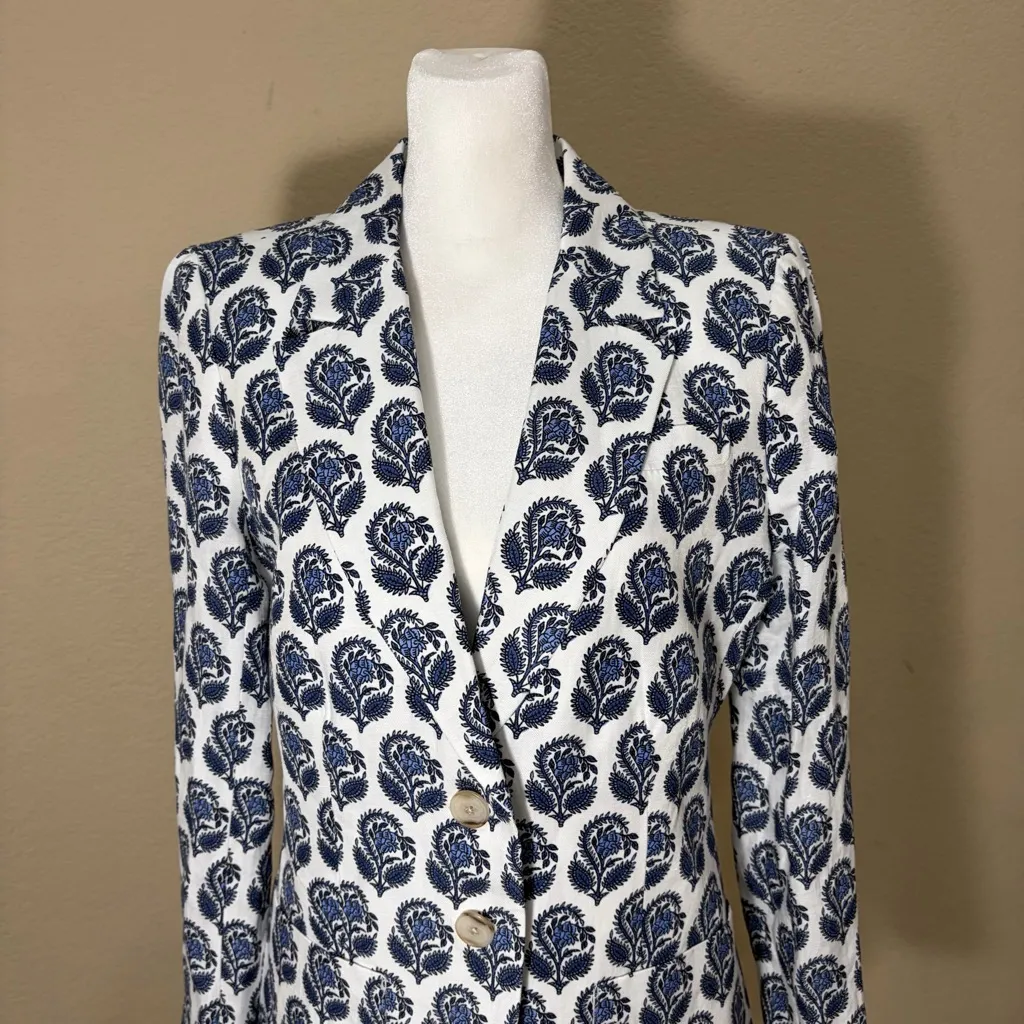 J. Crew Helena Blazer in Blue Bouquet Block Print Chelsea Linen-Blend Sz 2 Boho - Image 2