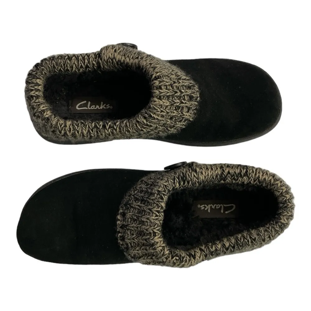 Clarks Black Leather Winter Shoes Women's 9M Knit Collar Slip On Round Toe - Image 6