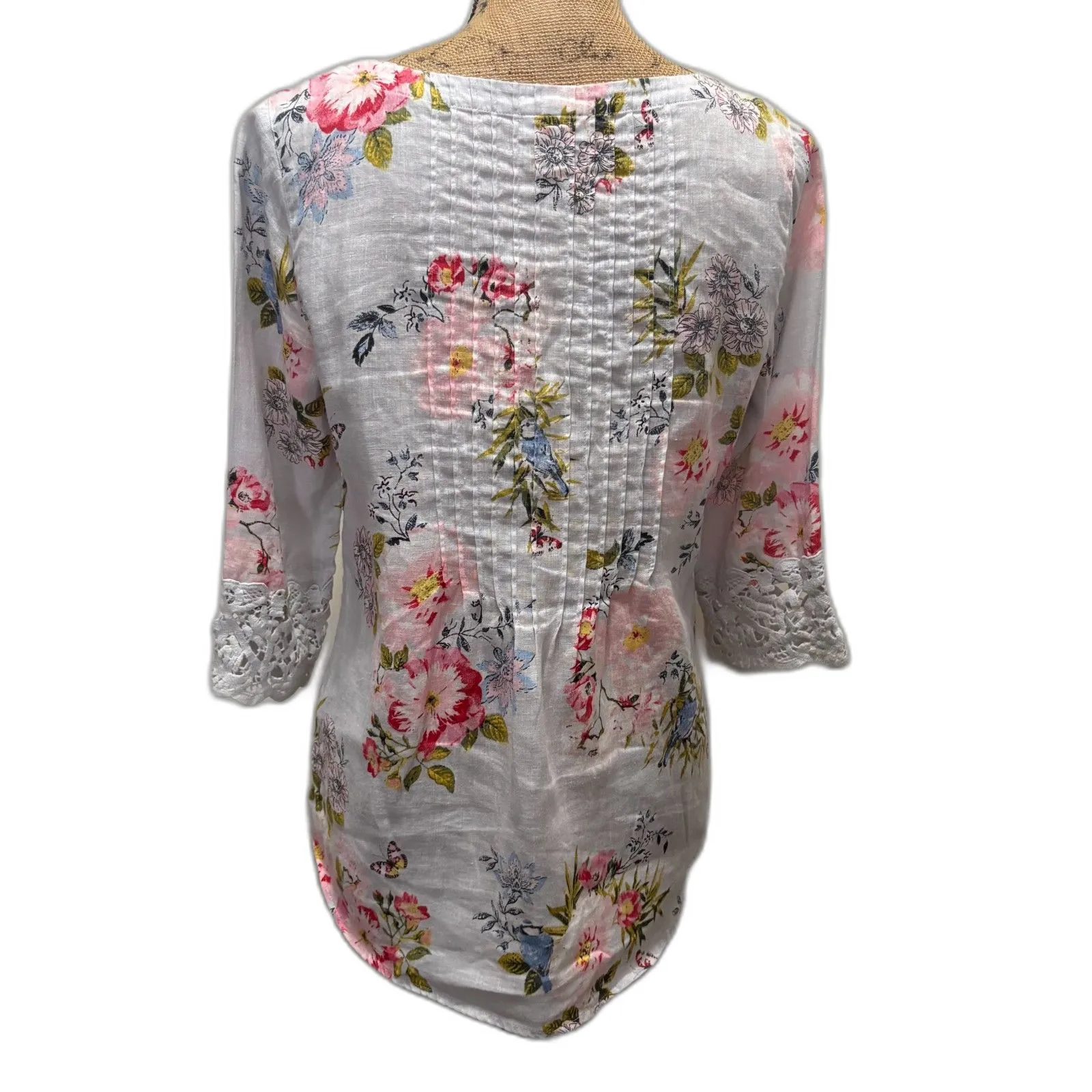 J. Jill Love Linen Floral Tunic Top Lilac Bluebird‎ Pintuck Lace Sleeve Size XS - Image 3