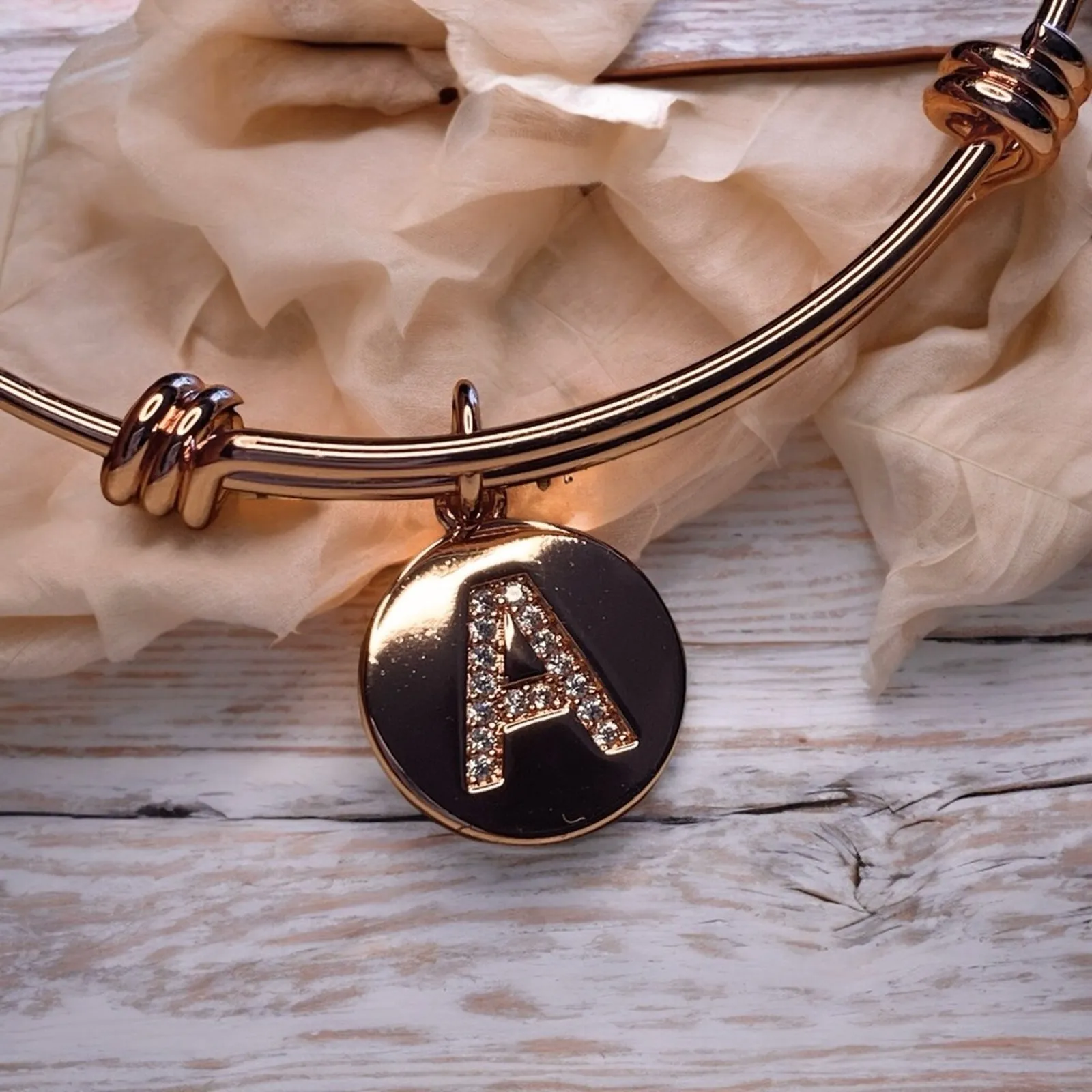 14 K Rose Gold Plated & Crystal Disc Initial Bangle Bracelet “A” - Image 3