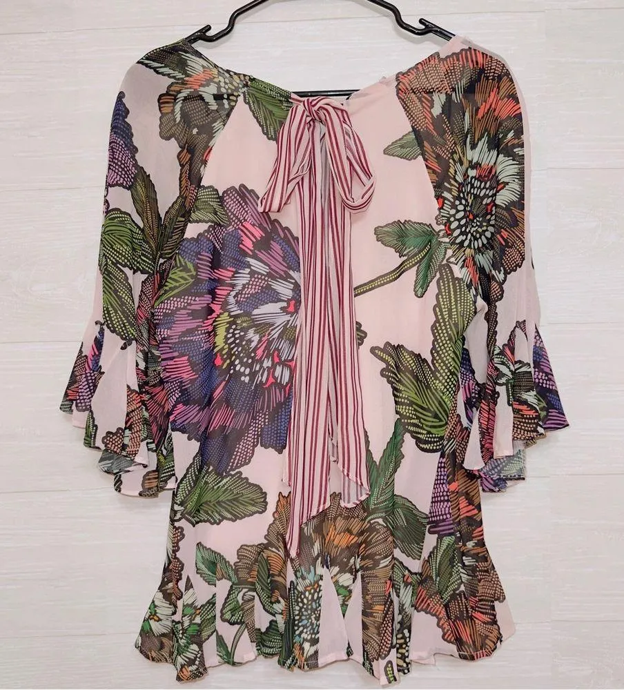 Badgley Mischka Women's Pink and Green V Neck Flutter 3/4 Sleeve Blouse Top - Image 8