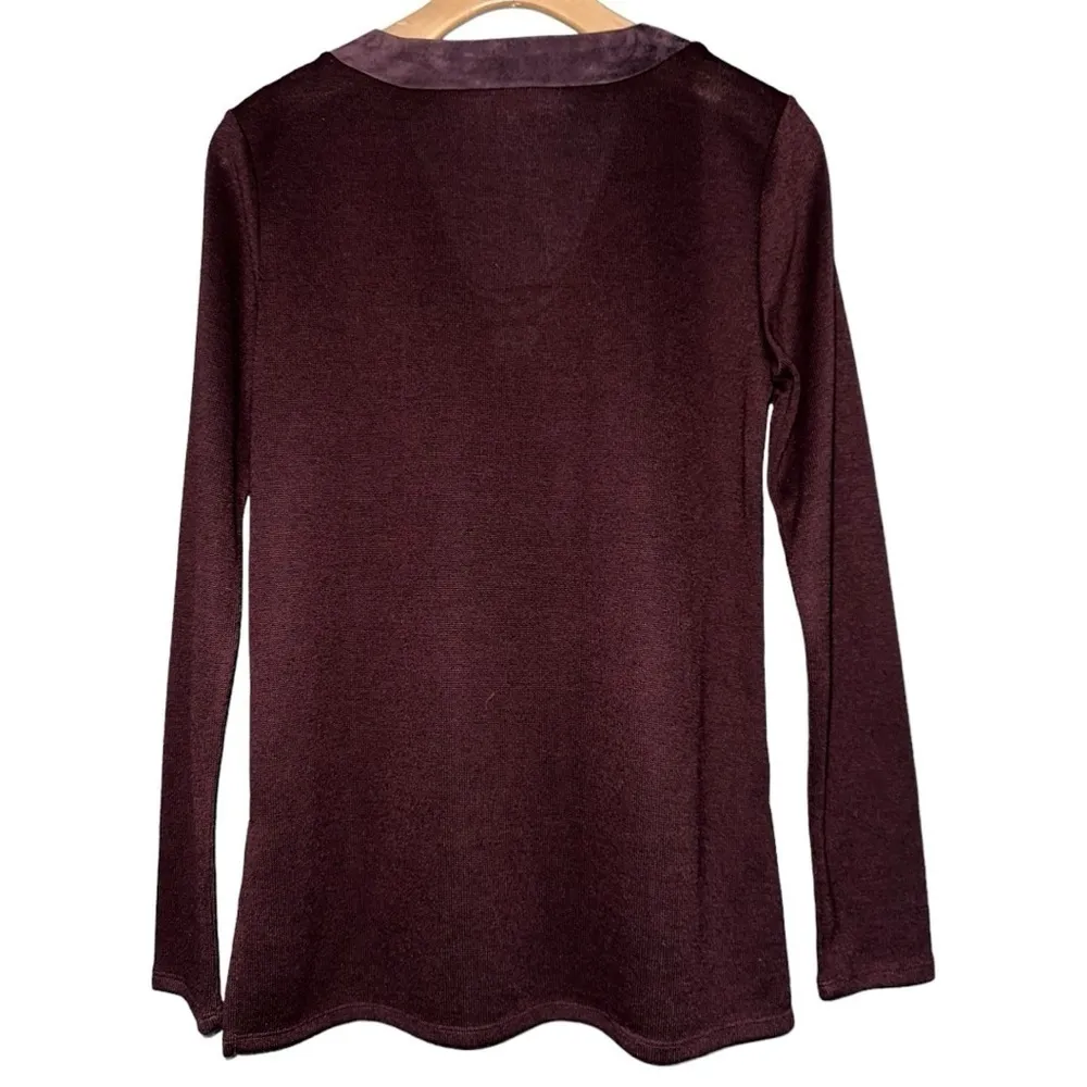 Ecru Women’s Size S Deep Burgundy Wine Ribbed Knit Lace Up V-Neck Top Sweater - Image 3