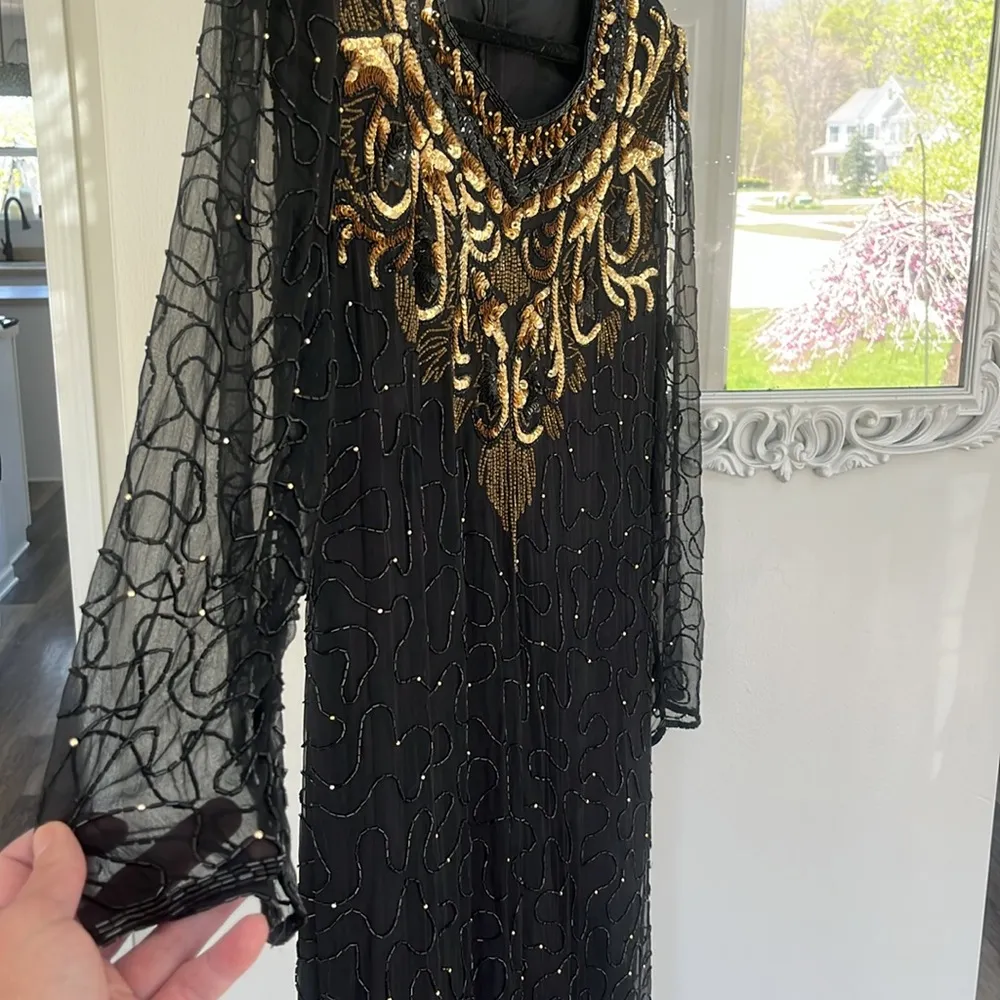 Vintage silk Laurence Kazar beaded maxi dress size XXL black lined evening gown - Image 8