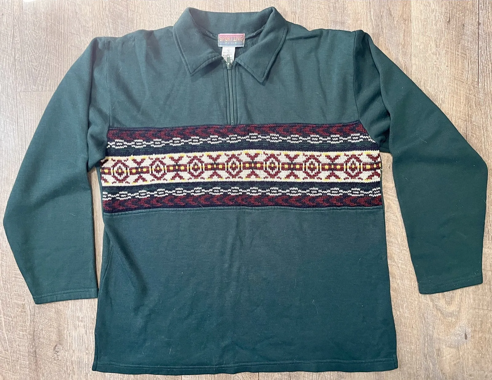 Vintage Sporting Club fairisle zip up collared green top size L Size L - Image 1