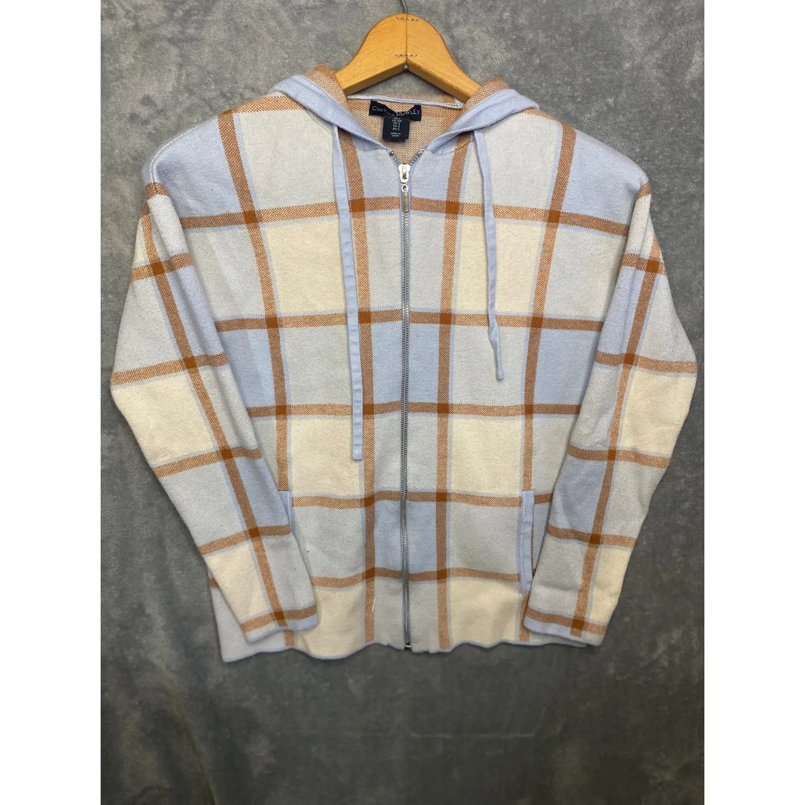 Cynthia Rowley Plaid Zip Up Hoodie Sweater Jacket Size S Blue‎ Tan Cream - Image 7