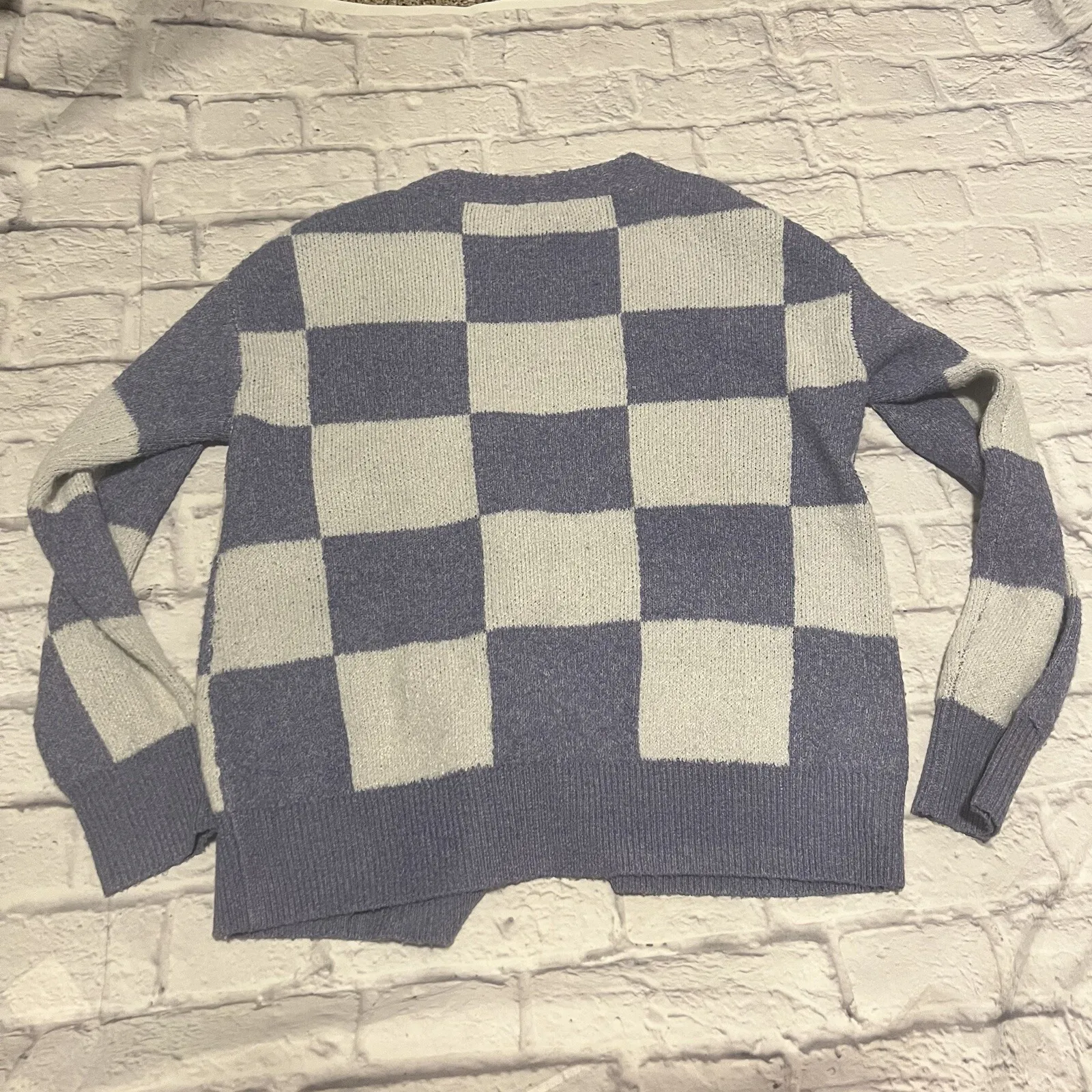 KORI Checkered Cardigan Sweater Knit Button Up Cozy Blue White Small - Image 7