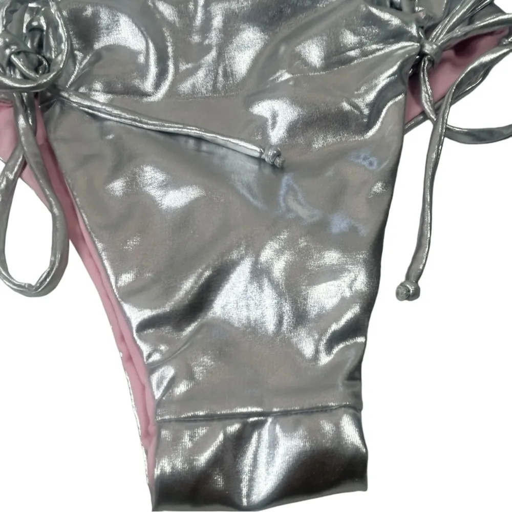 Karmas Bikini Bottom Silver Metallic Lace Up Sides Size XS - Image 5