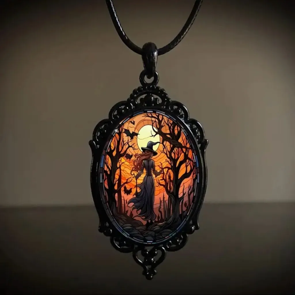 Retro Style Bat Witch Pendant Cameo Black‎ Pendant Necklace Gothic Vintage Style Black - Image 4