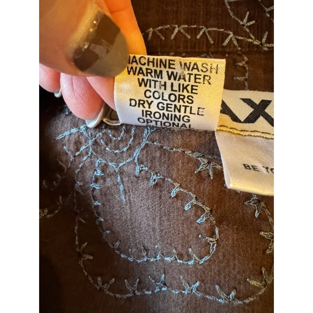 Flax Blazer Women‎ Small Brown Blue Floral Embroidery Corduroy Chore Coat - Image 11