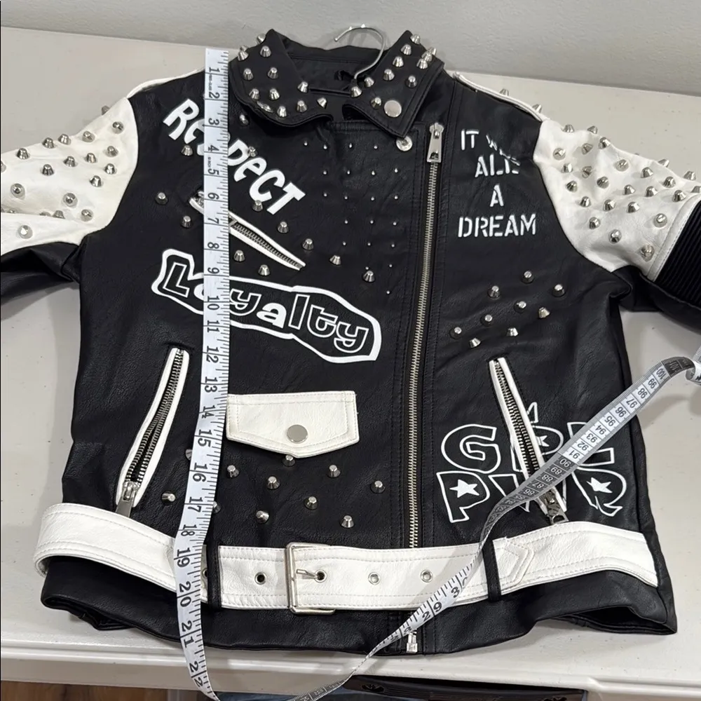 RedFox Edgy Black and White Leather Jacket with Studs and Zippers Size Small EUC - Image 12