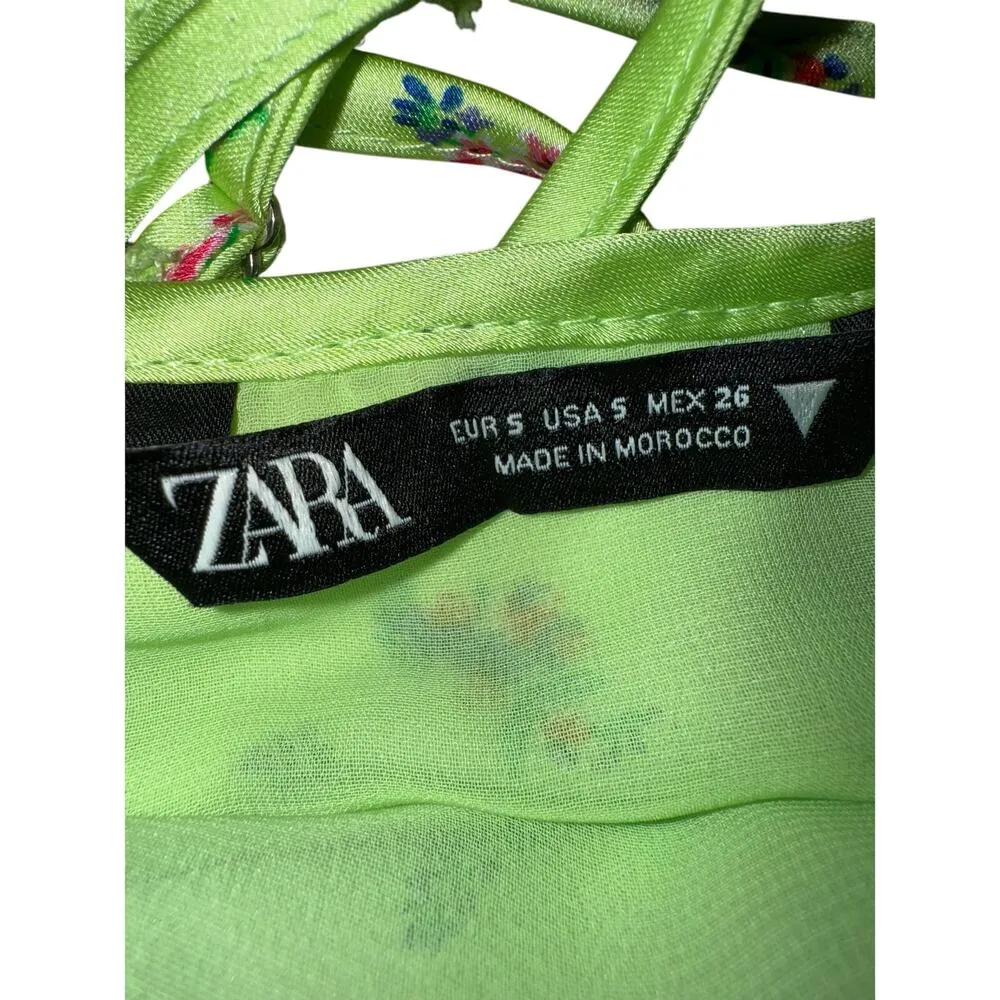 NWOT Zara Neon Green Satin Floral Strappy Mini Dress size Small summer sundress - Image 6