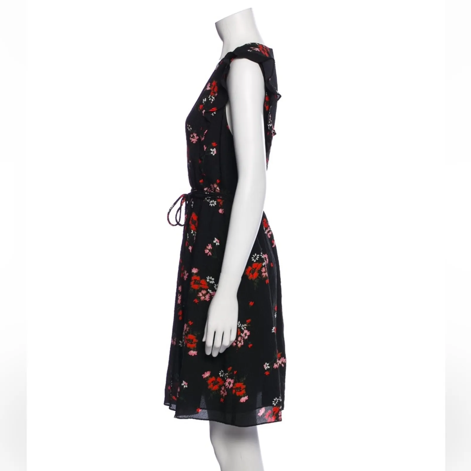 Rebecca Taylor black red floral ruffle v neckline silk dress 8 - Image 3