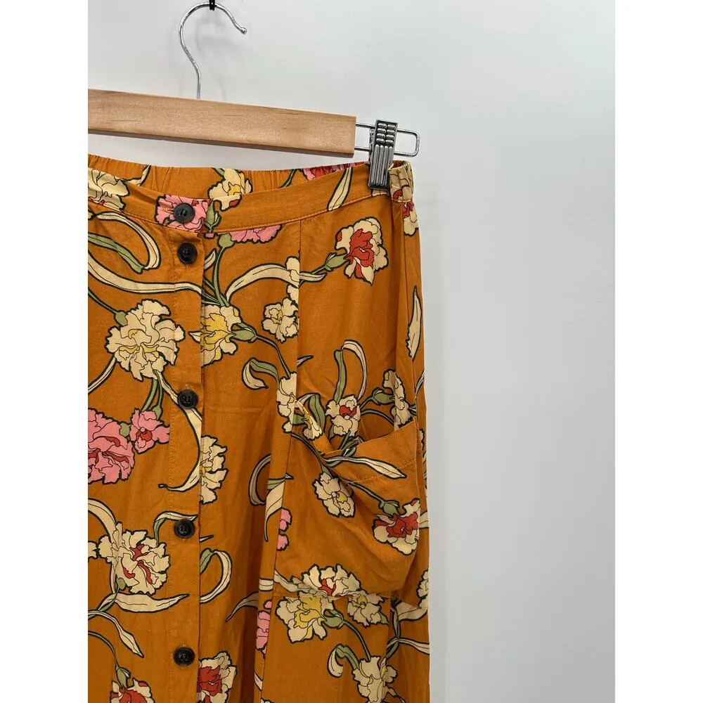 DR2 Womens Small Mustard Yellow Floral Button Front Midi Skirt Boho Rayon Summer - Image 3
