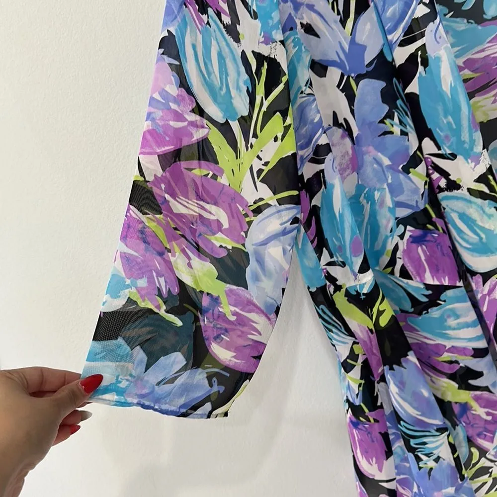 Women's Long Sleeve Open Front Floral Print Cardigan/Kimono/Cover Up Top Blue Size undefined - Image 3