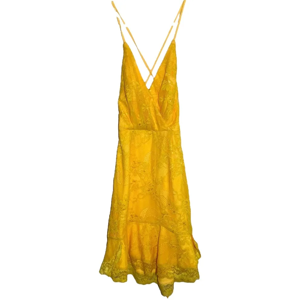 NBD Marilyn Ruffle Lace Corset Back Dress Mini Fit Flare Canary Yellow XS - Image 3
