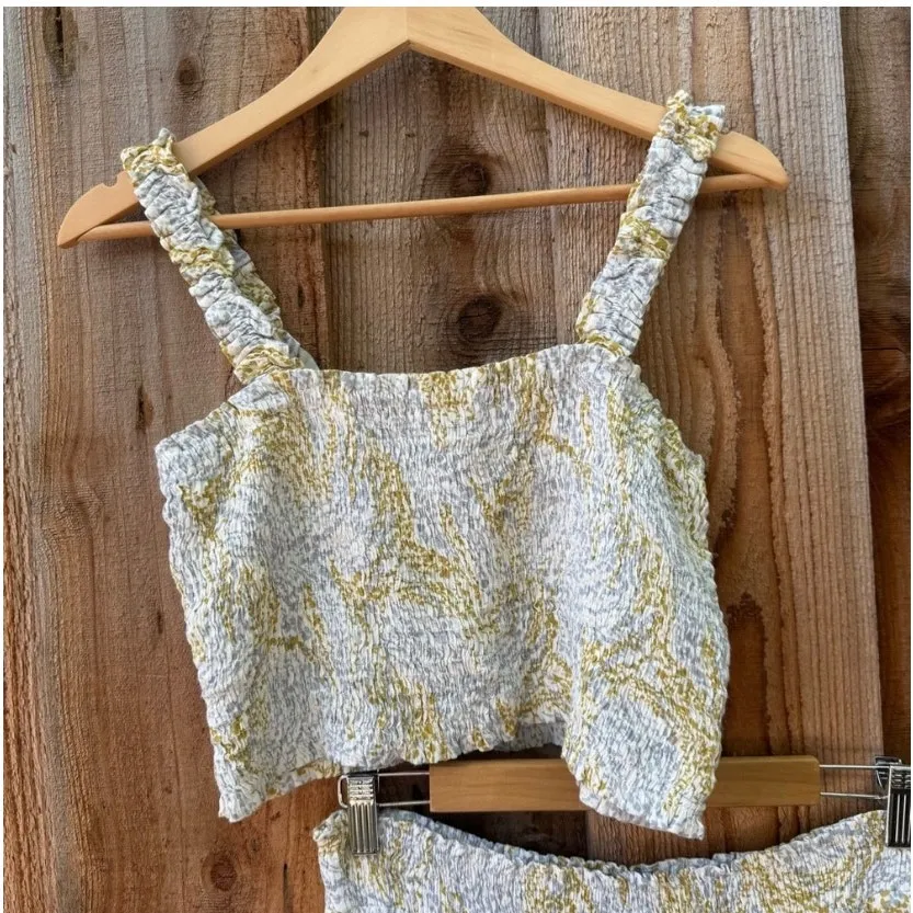 Paper Crane White Gray and Yellow Two Piece Crop Top Wide Leg Set Size M - Image 2